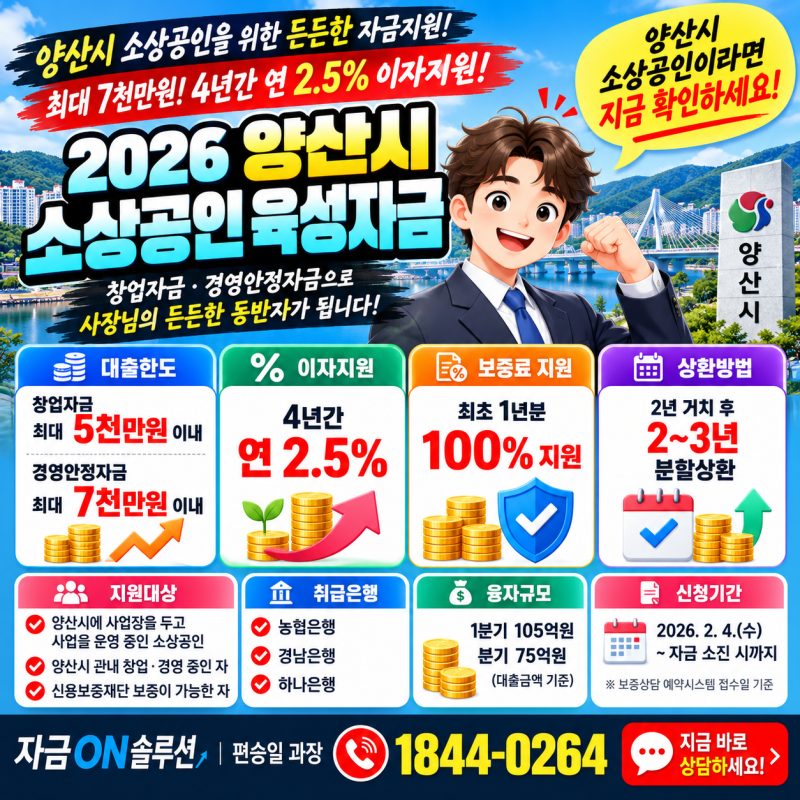 양산 소상공인 대출, 최대 7천만원·4년간 연 2.5% 이자지원! 은행 방문 전 정책자금 먼저 확인....