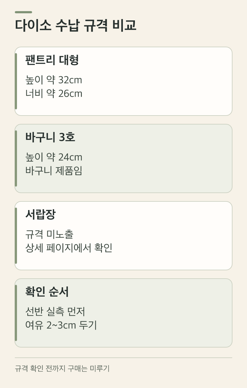 다이소 수납함 규격: 팬트리·바구니 높이 비교