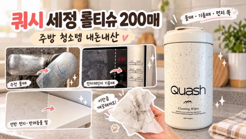 쿼시 세정 롤티슈 200매 내돈내산｜주방 기름때 물때 청소 한 장으로 쓱