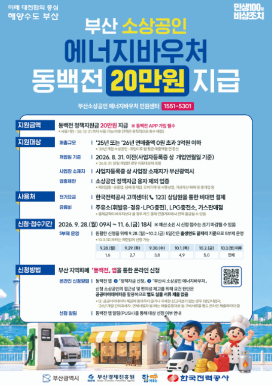 부산 소상공인 에너지 바우처 지급 신청 방법 기간 사용처 오프라인 민원센터 위치
