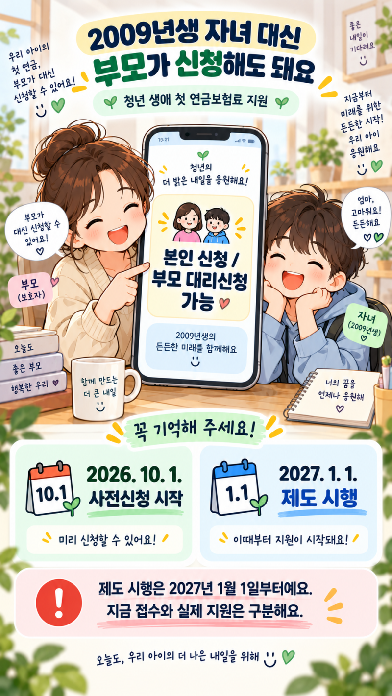 청년 생애 첫 연금보험료 지원, 2009년생 자녀 대신 부모가 신청해도 되나요?
