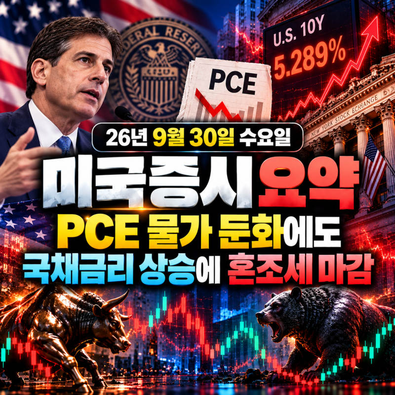 26년 9월 30일 수요일 미국증시요약 PCE 물가 둔화에도 국채금리 상승에 혼조세 마감