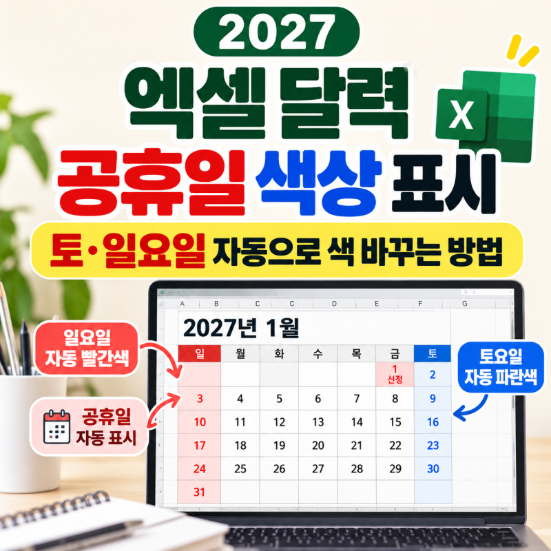 2027 엑셀 달력 공휴일 색상 표시｜토요일·일요일 자동으로 색 바꾸는 방법