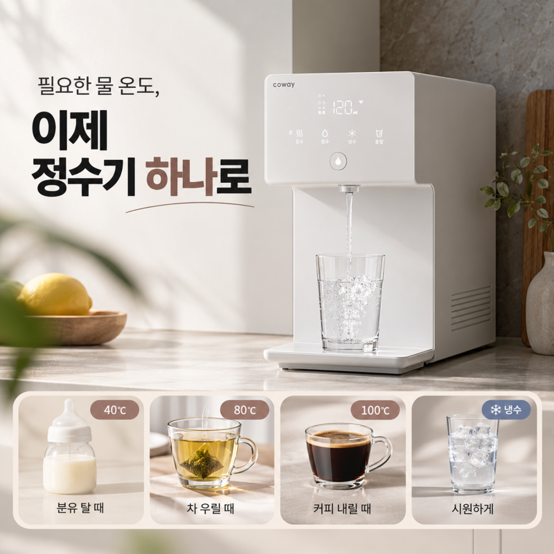 18cm 미니 정수기 추천: 코웨이 아이콘 정수기 2 뉴에디션 온도 및 용량 기능 안내