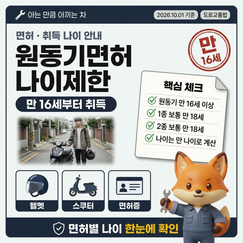 원동기면허나이 만 16세부터, 보통·소형은 18세 대형은 19세