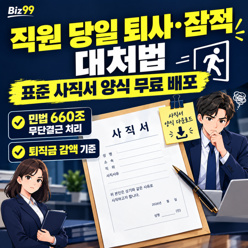 직원 자진퇴사 표준 사직서 양식 무료 배포 (당일 퇴사 통보 시 손해배상, 민법 660조 무단결....