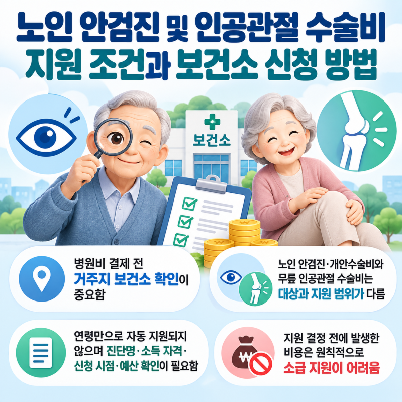 노인 안검진 및 인공관절 수술비 지원 조건과 보건소 신청 방법