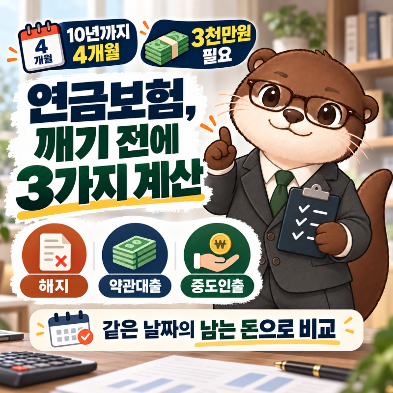10년 비과세 연금보험, 4개월 남기고 3천만원이 필요하다면? 해지·약관대출·중도인출 계산