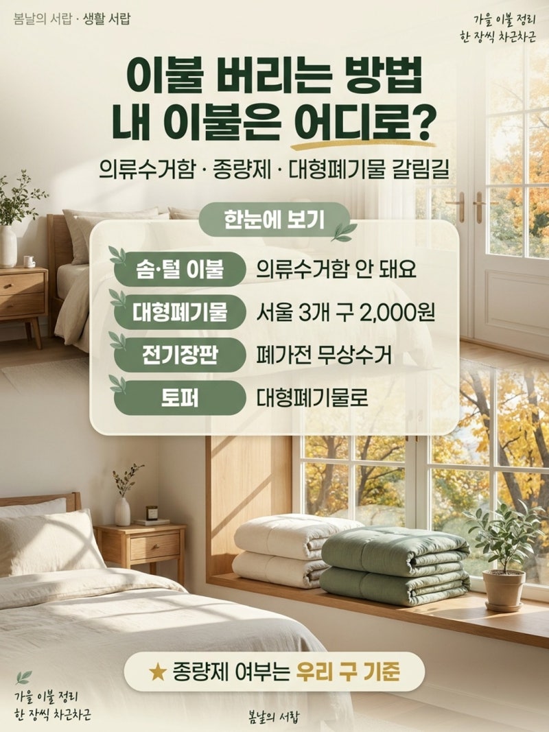 이불 버리는 방법, 종량제봉투에 넣어도 될까?｜대형폐기물 신고·토퍼·베개·전기장판