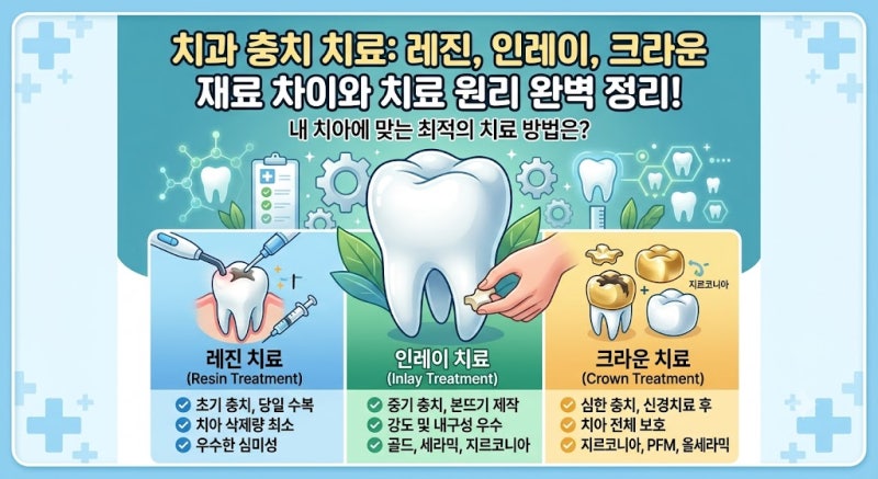 치과 충치 치료 레진 인레이 크라운 재료 차이와 치료 원리 완벽 정리
