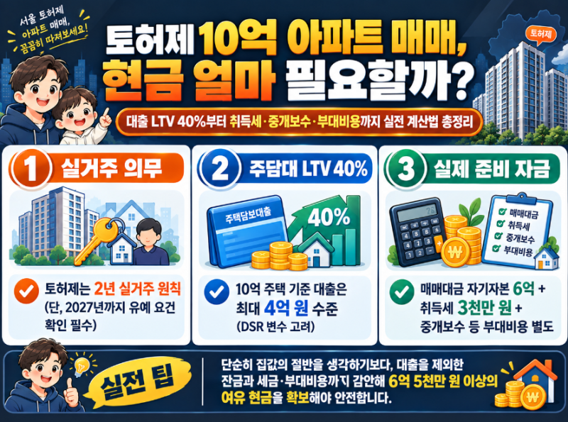 토허제 10억 아파트 매매, 내 통장에 얼마 있어야 할까? 대출·취득세·중개보수 총정리