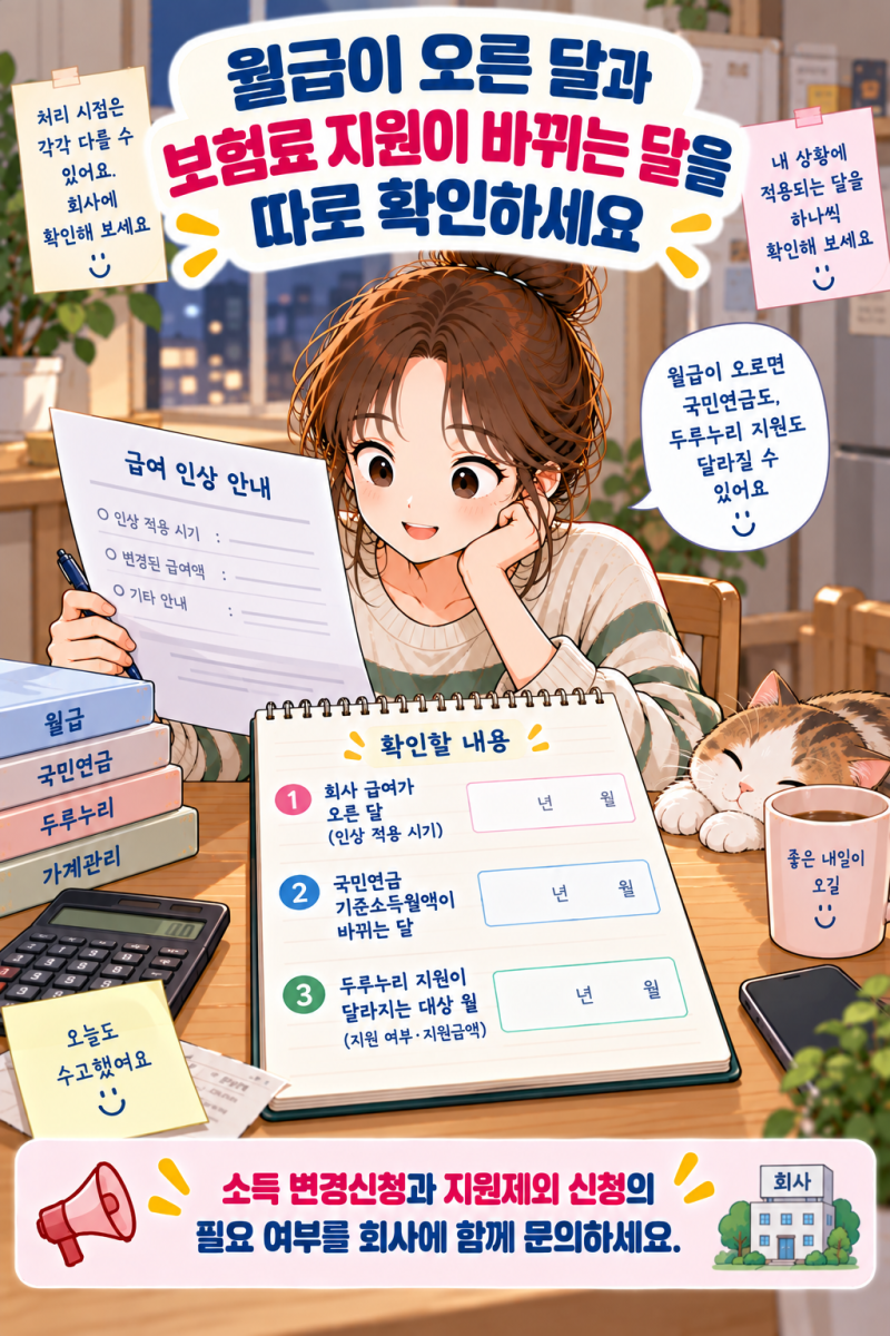 두루누리 지원받다가 월급이 올랐어요. 국민연금 지원은 언제부터 달라지나요?