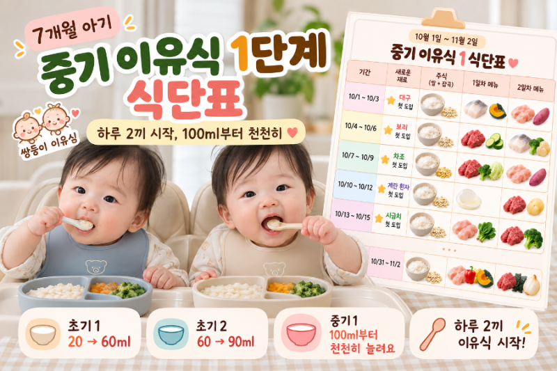 7개월 아기 중기 이유식 1단계 식단표｜하루 2끼 시작, 100ml부터 천천히