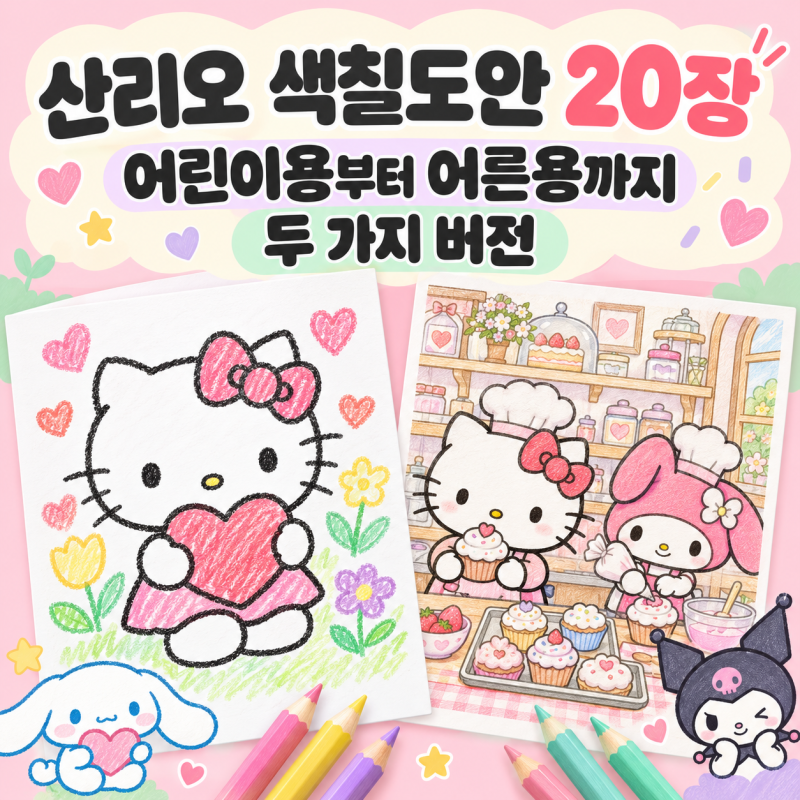 산리오 색칠도안 20장, 어린이용부터 어른용까지 두 가지 버전