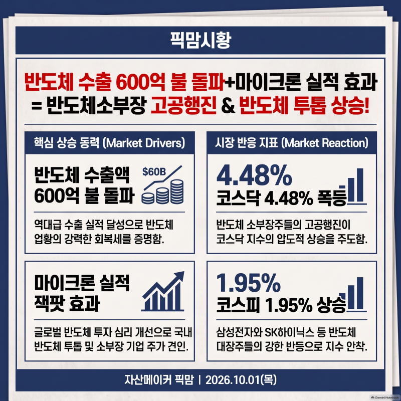 (10/1) 반도체 수출 600억 불 돌파+마이크론 실적 효과 = 반도체소부장 고공행진 & 반도체 투톱 ....