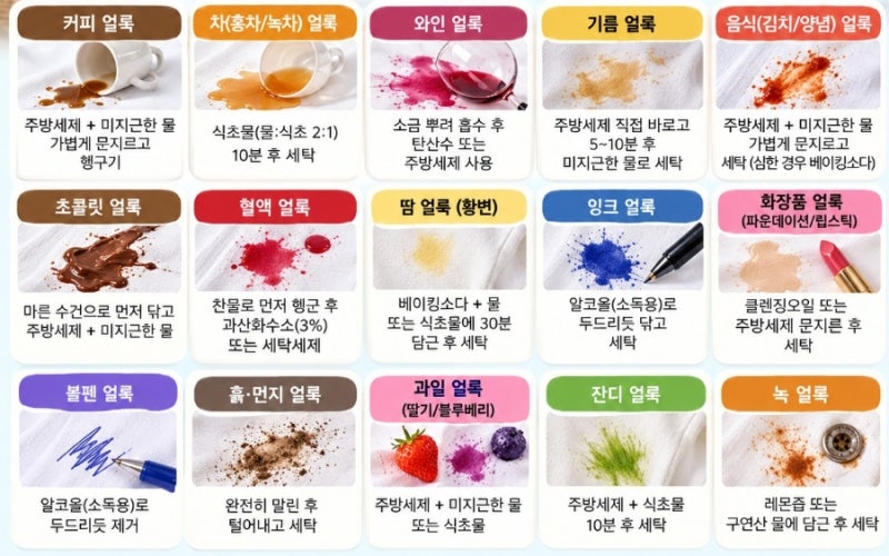 옷 얼룩 지우는 법 총정리｜커피·김치·기름·피·볼펜 얼룩별 제거방법