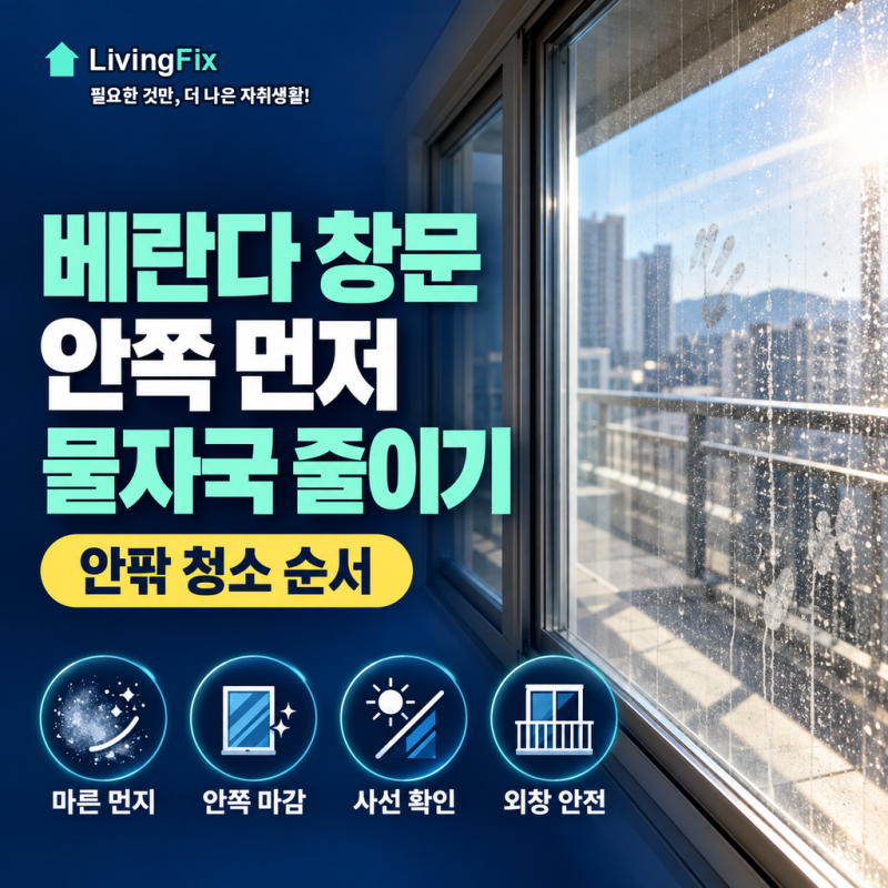 베란다 창문 청소, 안팎 순서로 물자국 줄이기