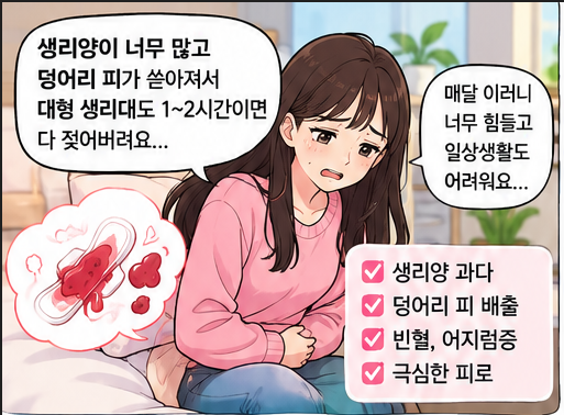 생리양이 너무 많고 덩어리 피가 쏟아진다면? 월경과다(생리과다·빈혈·자궁 출혈·어혈) 한....