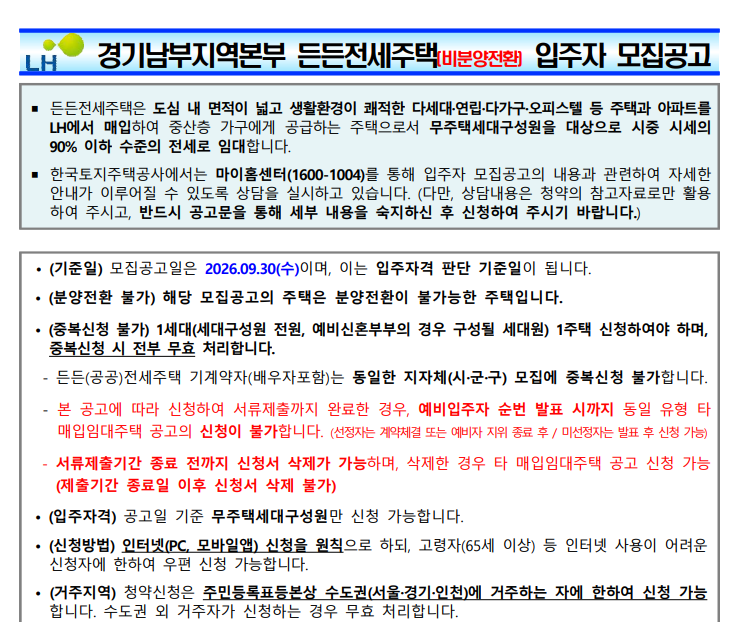 LH든든전세주택 경기남부 모집공고 10월 21일 접수, 주택목록 227호 총정리