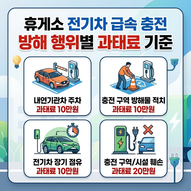 휴게소 전기차 급속 충전소, 1시간 넘기면 과태료 10만 원? 방해 행위별 기준 총정리