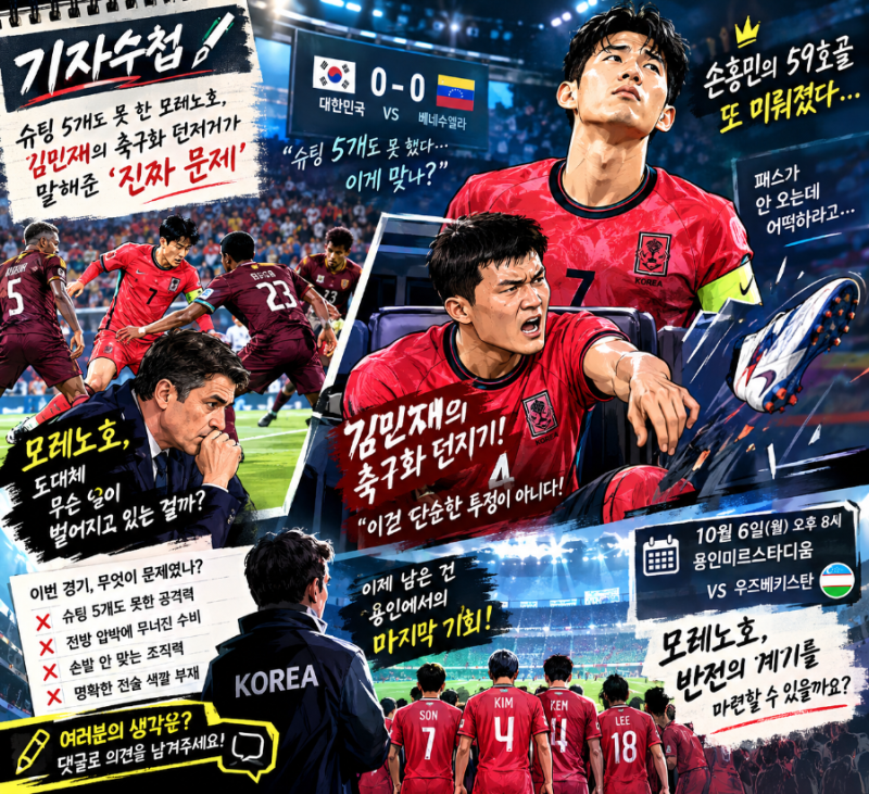 [기자수첩] 슈팅 5개도 못 한 모레노호, 김민재의 축구화 던지기가 말해준 '진짜 문제'