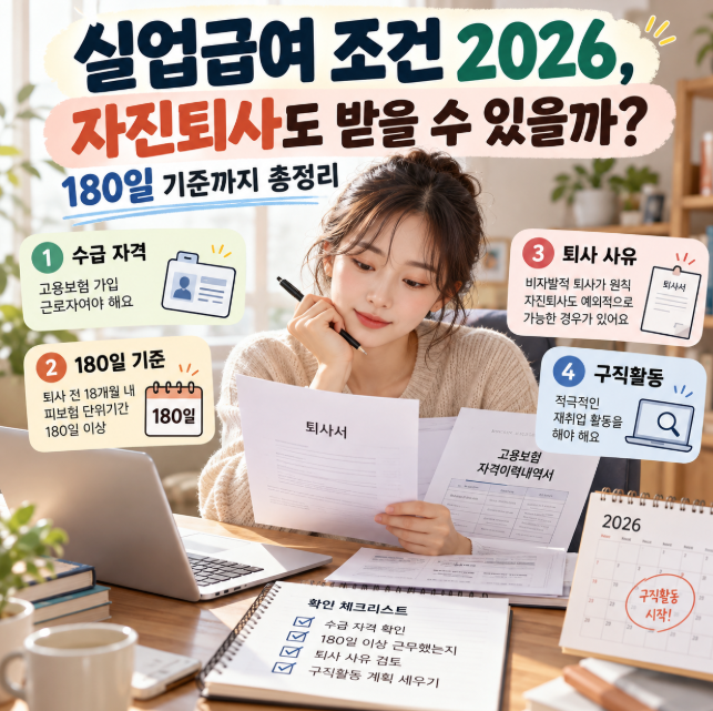 실업급여 조건 2026, 자진퇴사도 받을 수 있을까? 180일 기준까지 총정리