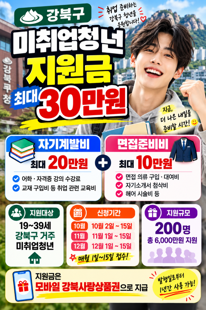 강북구 미취업청년 지원금 30만원｜자기계발비 20만원·면접준비비 10만원 신청조건