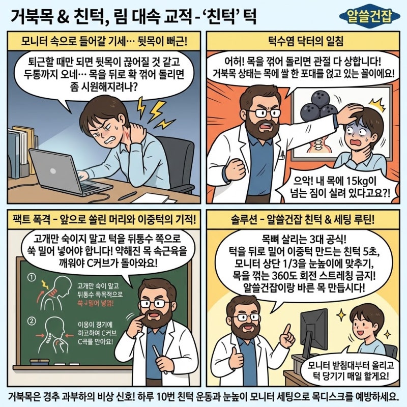 [알쓸건잡] 거북목·일자목 교정의 핵심 '턱 당기기' | 친턱(Chin Tuck) 운동과 모니터 높이 세팅 ....