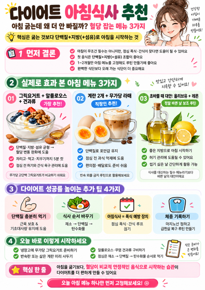 다이어트 아침식사 추천｜아침 굶는데 왜 더 안 빠질까? 혈당 잡는 메뉴 3가지