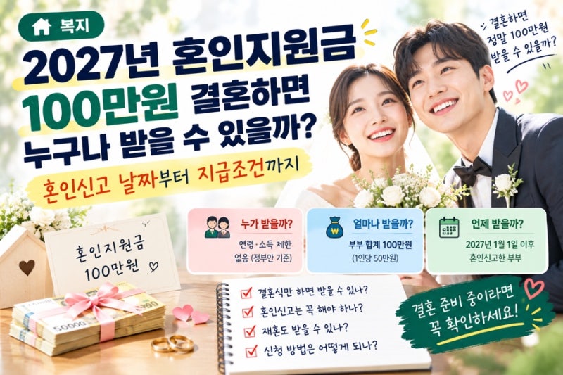 2027년 혼인지원금 100만원, 결혼하면 누구나 받을 수 있을까? 혼인신고 날짜부터 지급조건까....