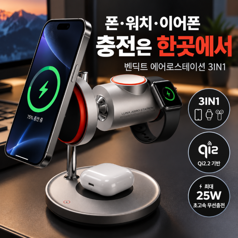 폰·워치·이어폰 충전을 한곳에, 벤딕트 에어로스테이션 3IN1 Qi2 25W