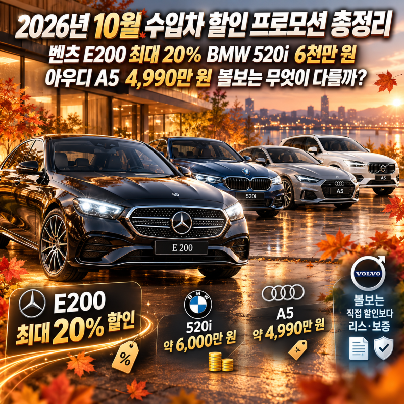 2026년 10월 수입차 할인 프로모션 총정리 벤츠 E200 최대 20% BMW 520i 6천만 원 아우디 A5 4,990만 원....