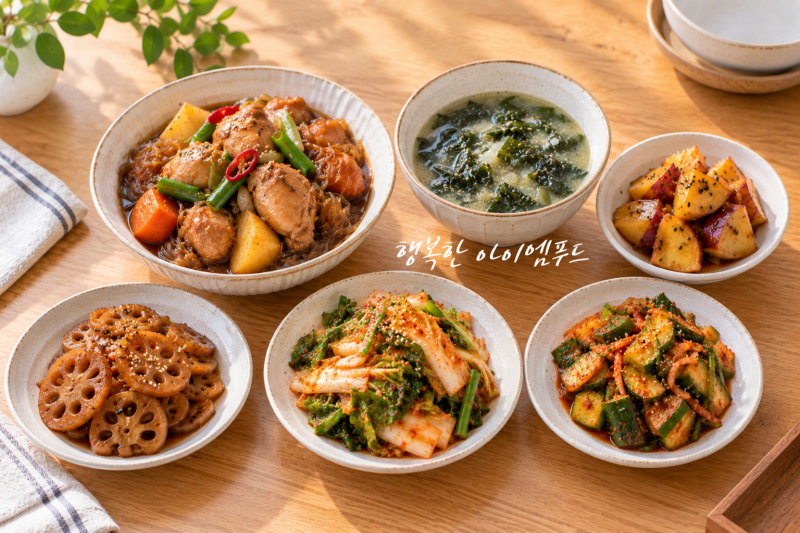 오늘의 집밥 레시피ㅣ안동찜닭 · 들깨미역국 · 고구마맛탕 · 연근조림 · 단배추겉절이 · ....