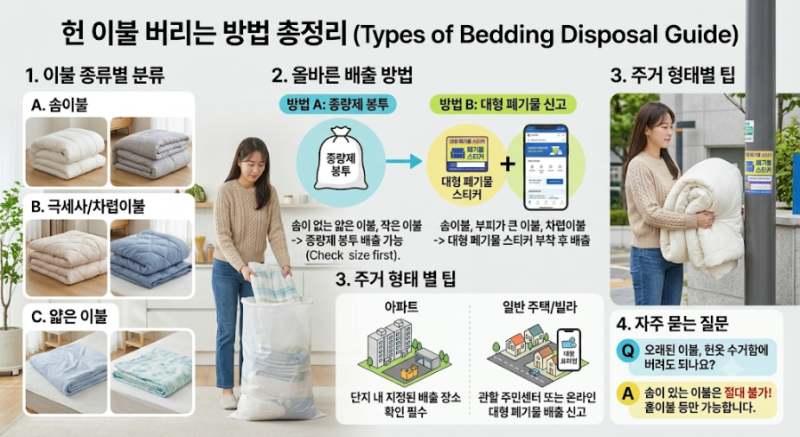 헌 이불 버리는 방법 총정리 (솜이불, 차렵이불, 극세사, 얇은 이불 종류별 처리법)