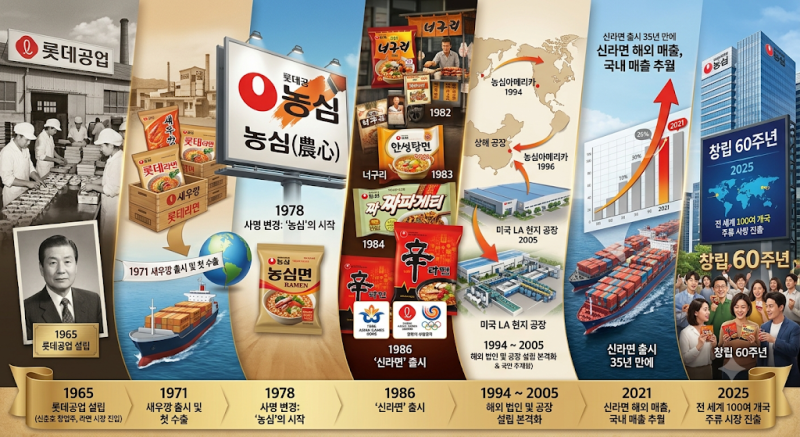 롯데공업에서 글로벌 식품 기업으로: '농심'이 걸어온 60년의 발자취, 새우깡부터 신라면까지....