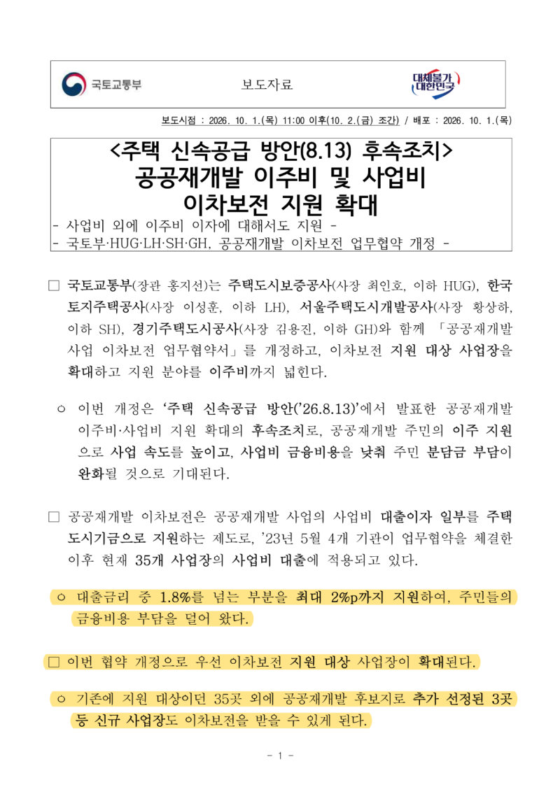 공공재개발 이주비 이자지원 확대, 창동470 · 가리봉동 2-92 안양 충훈부 공공재개발 신규진행....