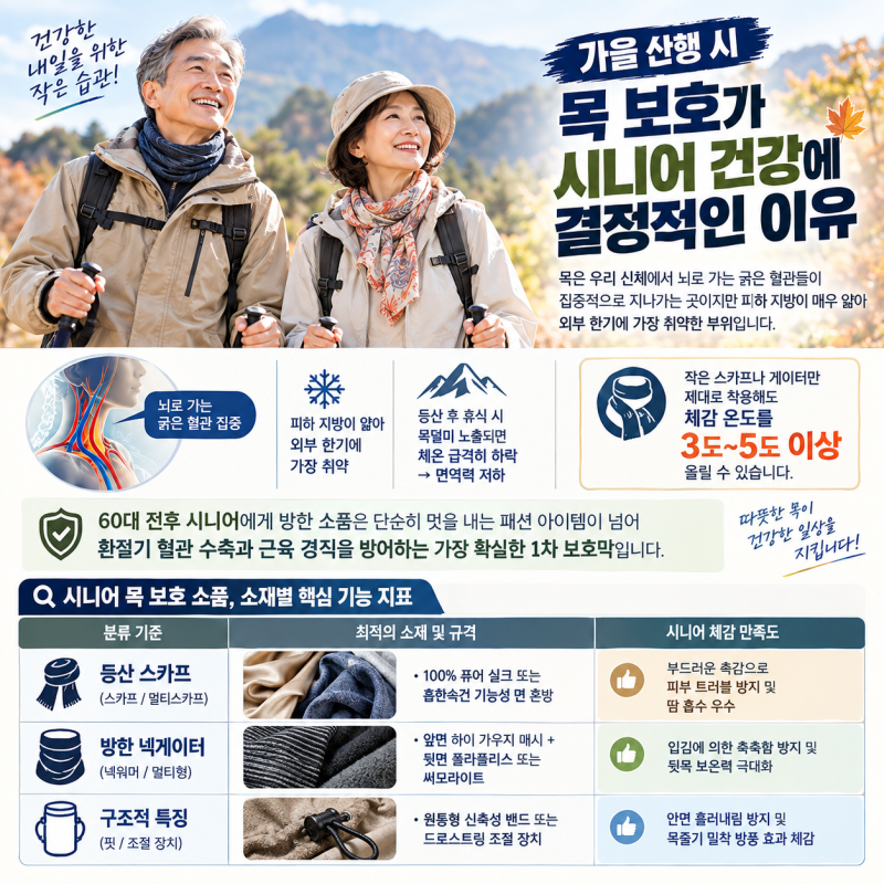 "가을철 목덜미 시린 어르신들을 위한 기능성 등산 스카프 및 넥게이터 코디 방법"