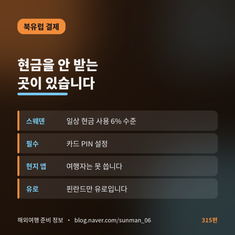 북유럽은 현금을 안 받는 곳이 있습니다 (스웨덴은 일상에서 현금을 쓰는 사람이 6%입니다)