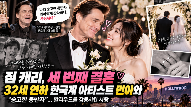 "“나의 숭고한 동반자”… 짐 캐리, 32세 연하 한국계 아티스트와 세 번째 결혼"