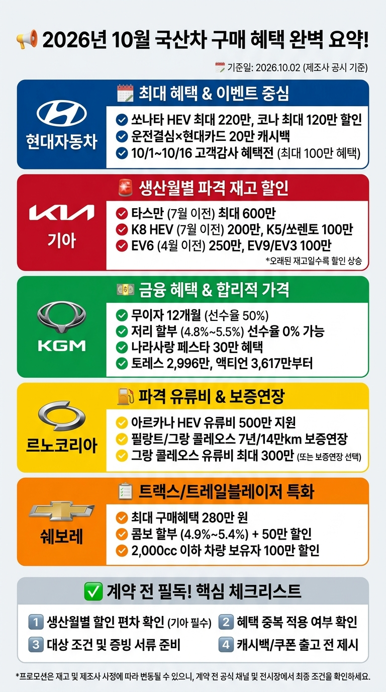 2026년 10월 자동차 구매 혜택 총정리 | 현대·기아·KGM·르노코리아·쉐보레 할인 한눈에
