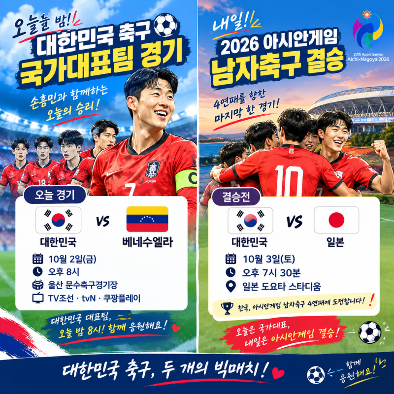 ⚽ 오늘 밤 대한민국 축구 국가대표팀 경기,손흥민 출전! 내일은 2026 아시안게임 축구 결승!