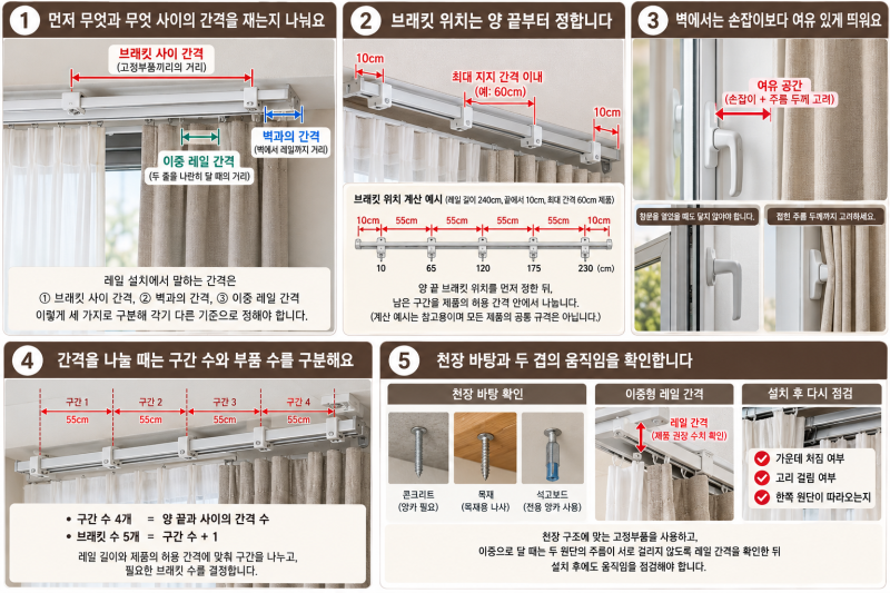 달기 전에 확인할 커튼 레일 설치 간격, 천장 고정과 이중 배치 3단계