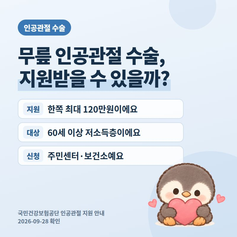 무릎 인공관절 수술 비용 2026, 저소득 어르신은 한쪽 120만원까지 지원돼요