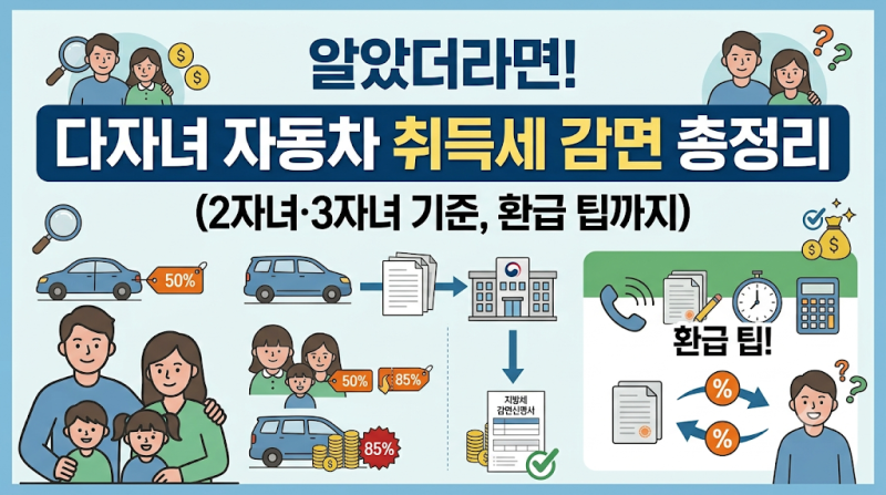[알았더라면] 다자녀 자동차 취득세 감면 총정리 (2자녀·3자녀 기준, 환급 팁까지)