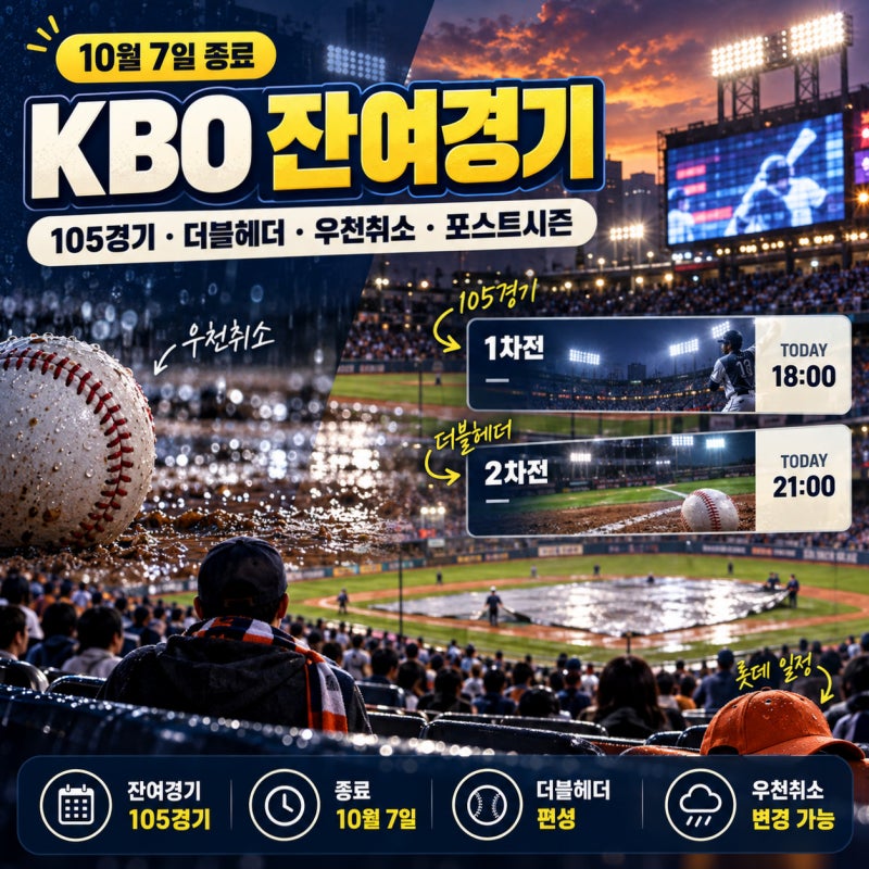 KBO 잔여경기 105경기 편성, 10월 7일 종료와 더블헤더 일정 (+우천취소, 포스트시즌, 롯데)
