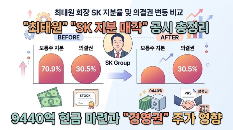"최태원" "SK 지분 매각" 공시 총정리 9440억 현금 마련과 "경영권" 주가 영향