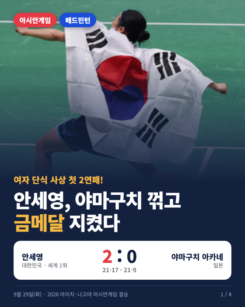 안세영 아시안게임 2연패, 야마구치 2-0 완파…결승 내용·기록 총정리