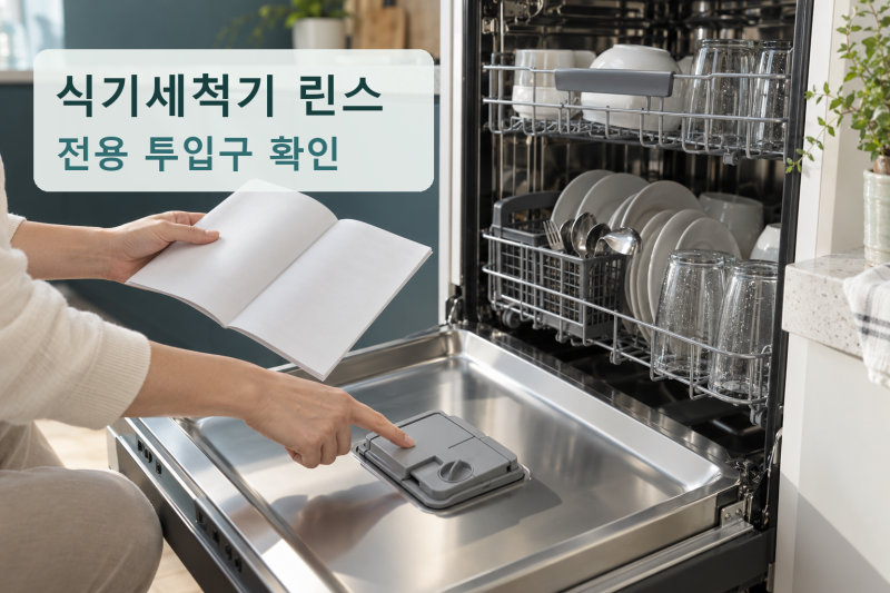 식기세척기 린스, 세제칸 말고 전용 투입구와 물기를 확인하세요