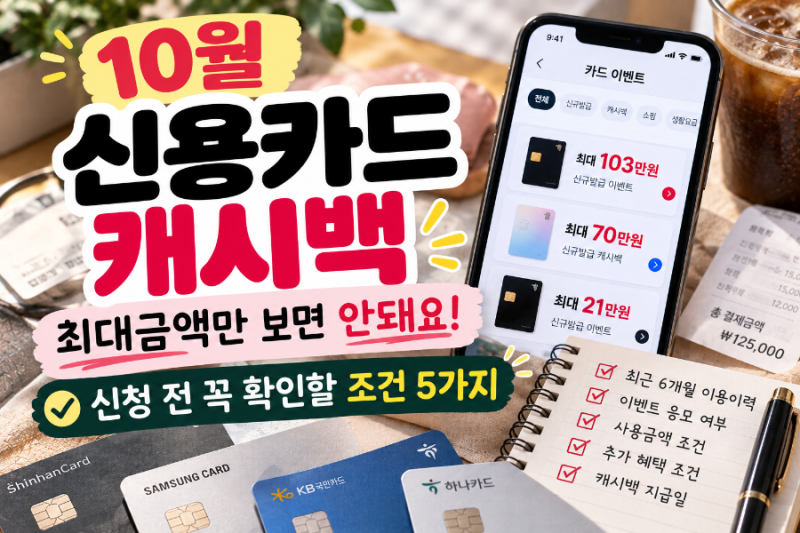 [카드테크] 10월 신용카드 신규발급 캐시백 총정리｜신청 전 꼭 확인할 조건 5가지