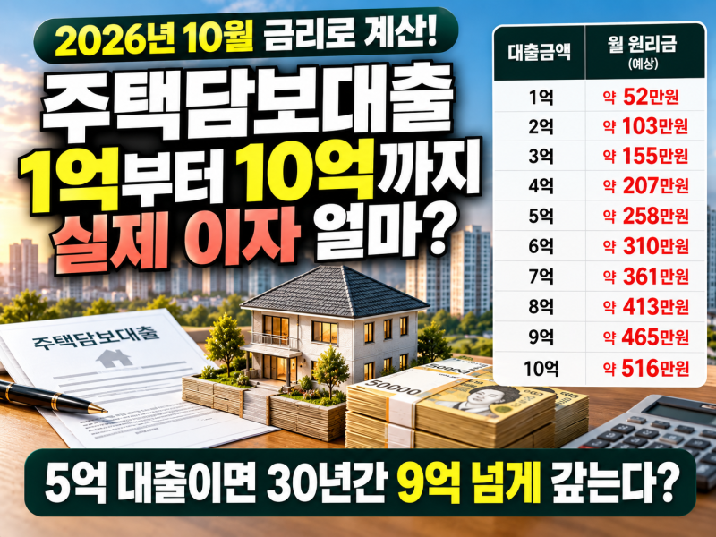 주택담보대출 1억부터 10억까지 실제 이자 얼마? 2026년 10월 금리로 계산